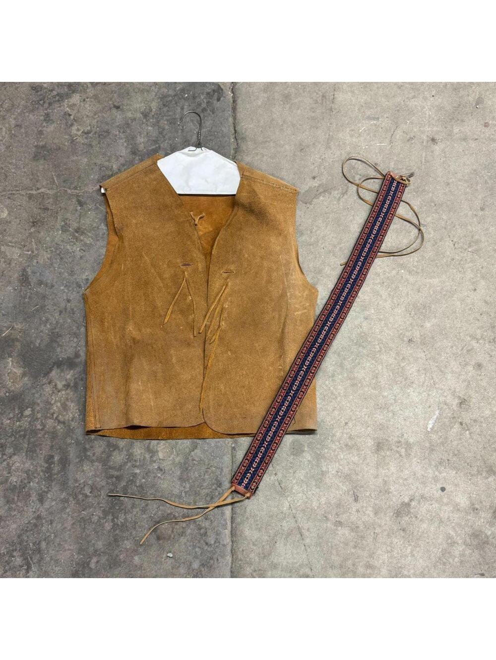 Vintage 60s 70s Suede Western Vest & Matching Belt Set Brown Film Costume